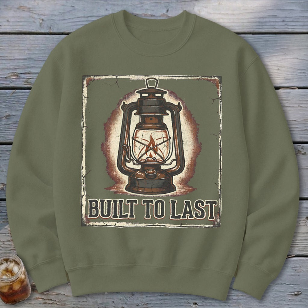 Crewneck sweatshirt with graphic of a lantern and text "BUILT TO LAST."