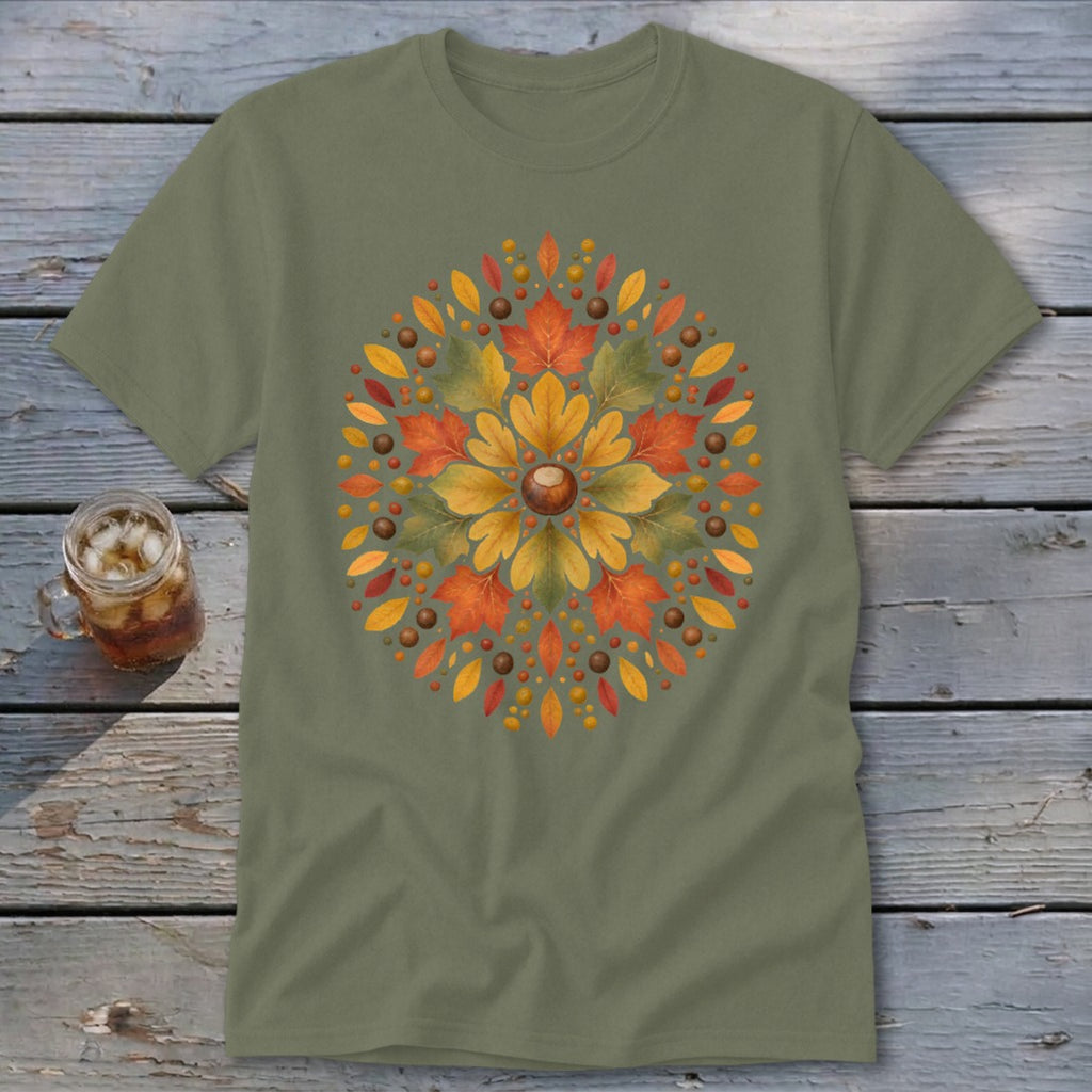 Olive green t-shirt with a circular fall leaf and acorn mandala design.