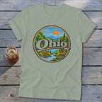 T-shirt with a circular graphic of a serene Ohio landscape with a deer.