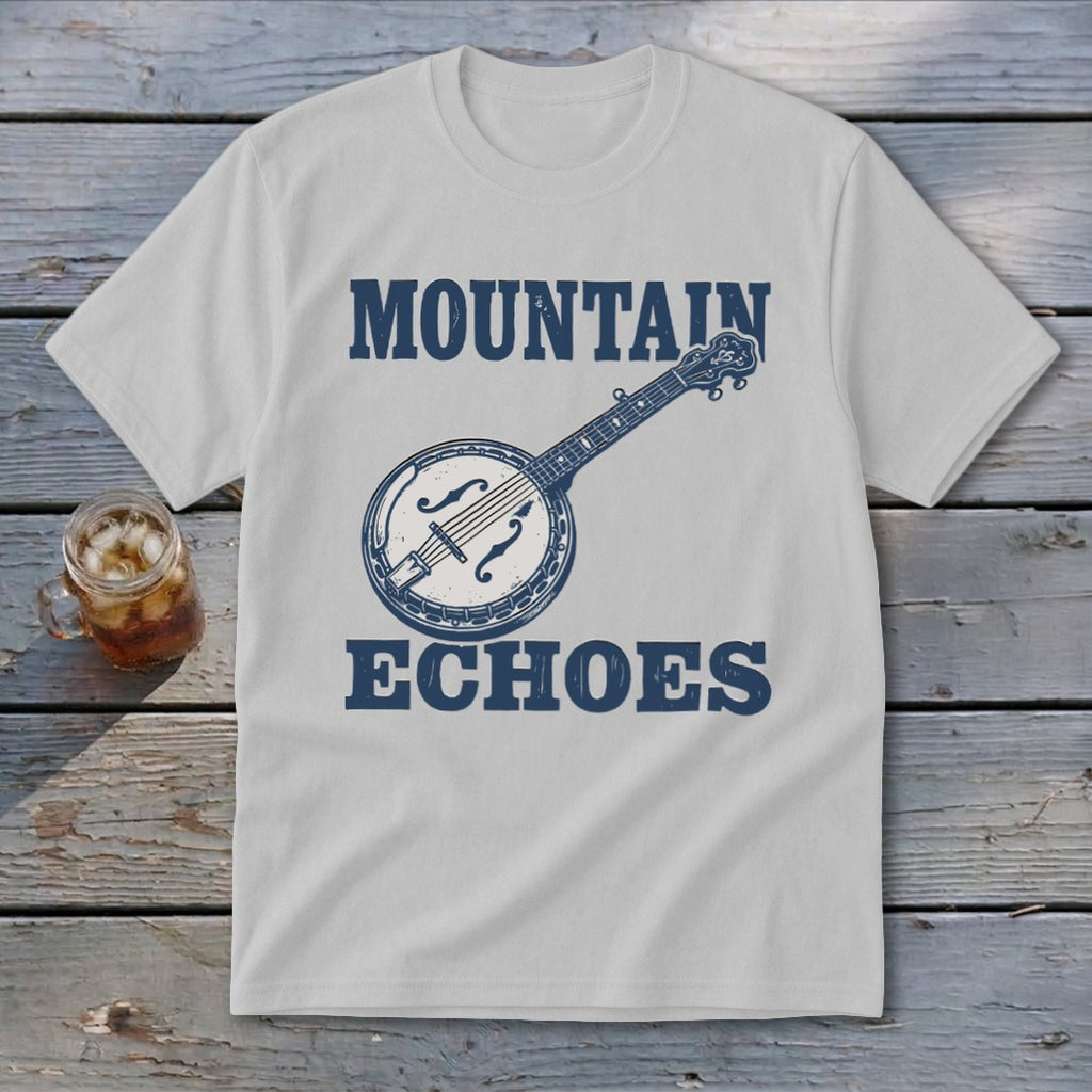 A light gray t-shirt with blue text reading MOUNTAIN ECHOES and a banjo illustration.