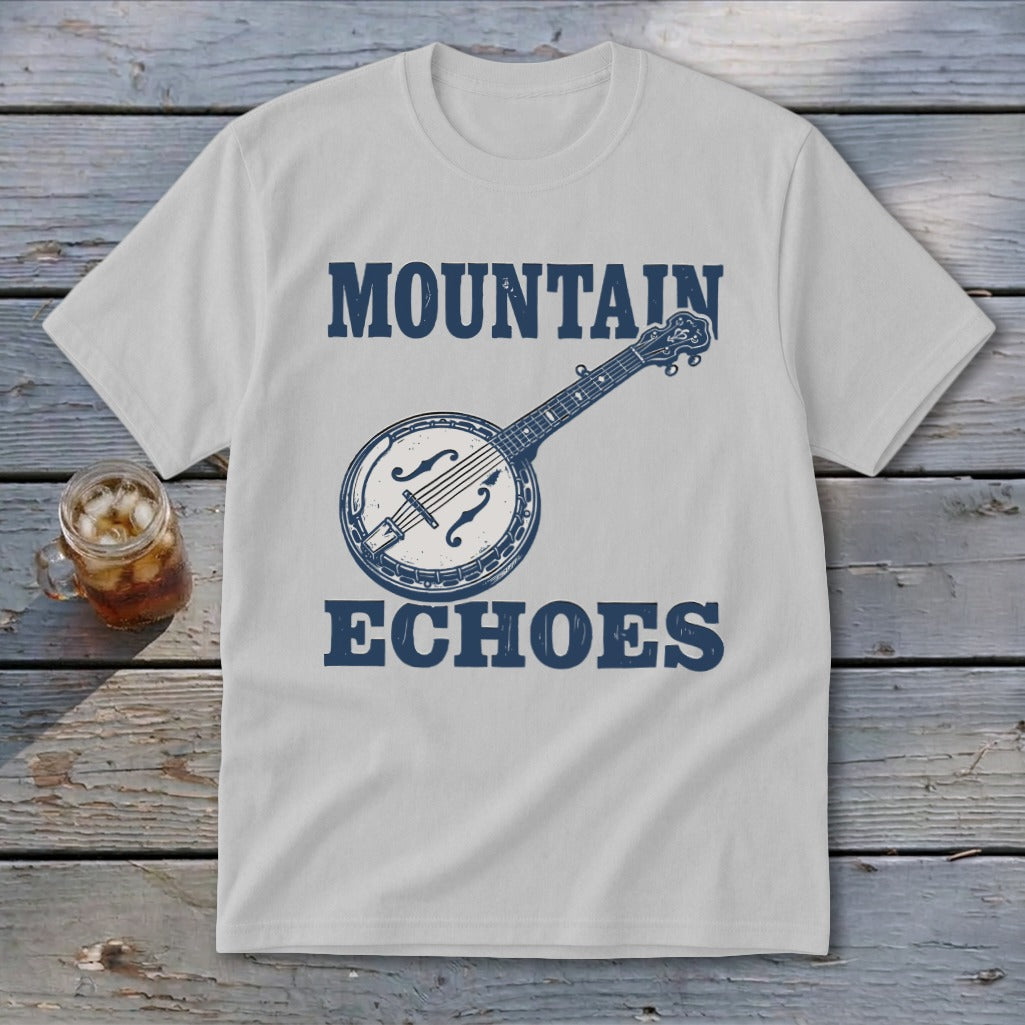 A light gray t-shirt with blue text reading MOUNTAIN ECHOES and a banjo illustration.
