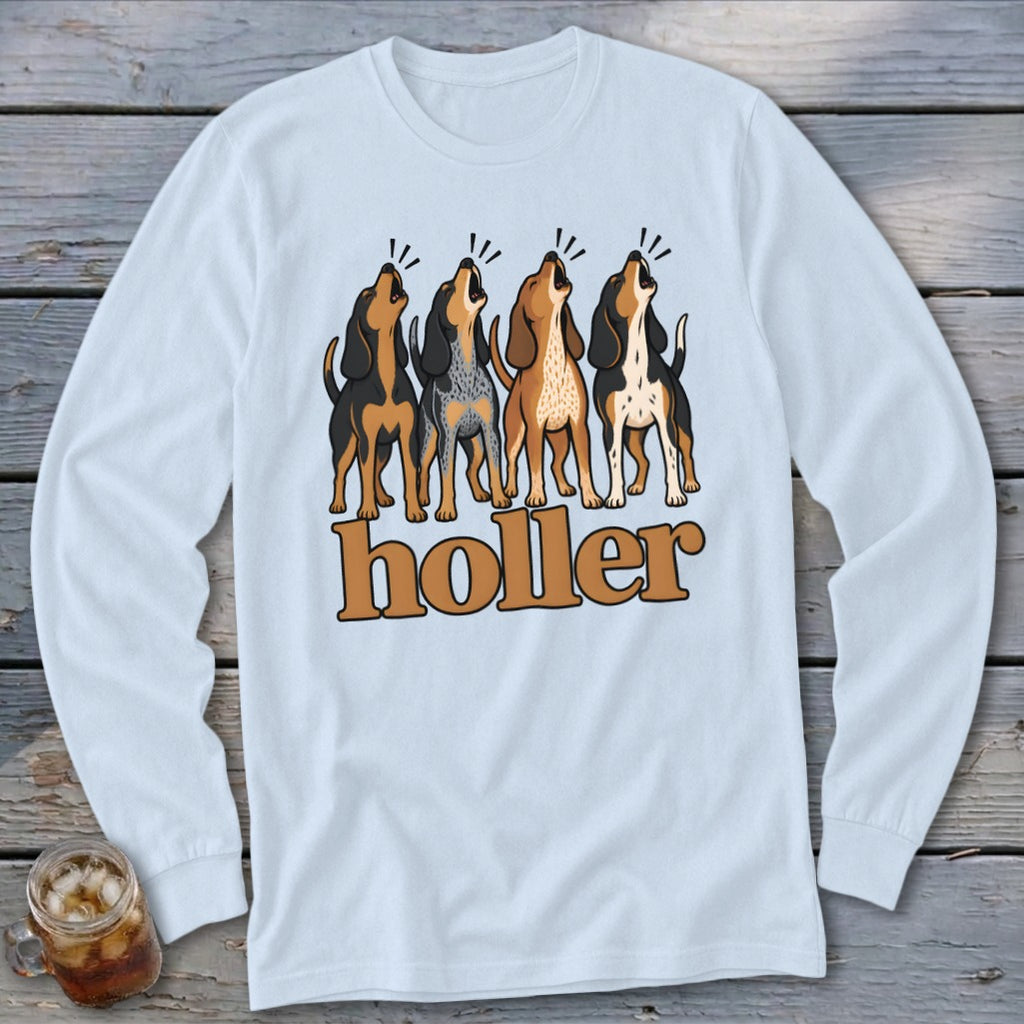 Light blue long-sleeve shirt with four howling dogs and the word "holler".