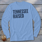 Light blue long sleeve shirt with "TENNESSEE RAISED" in navy blue text.