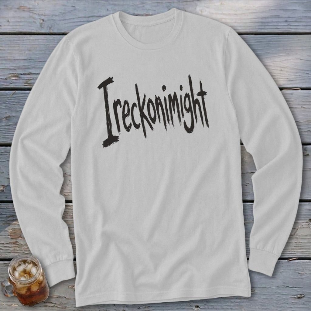 White long-sleeve shirt with "Ireckoninight" graphic in black, distressed text.