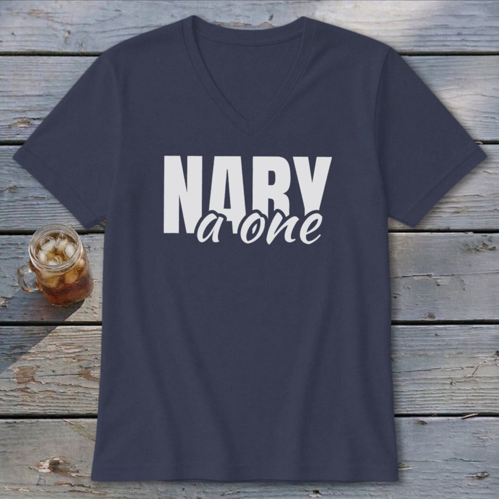Navy v-neck t-shirt with white text "NARY a one" and a glass of iced tea.
