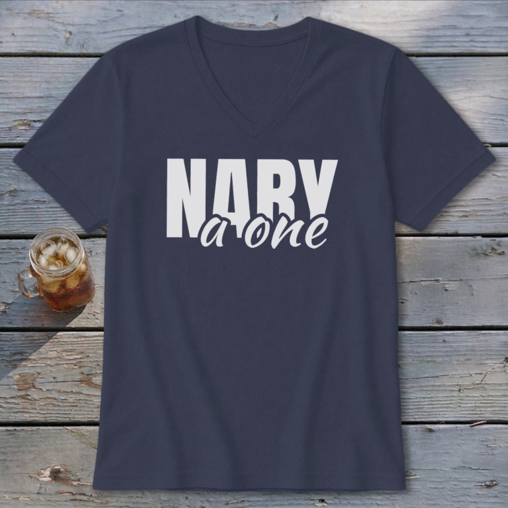 Navy v-neck t-shirt with white text "NARY a one" and a glass of iced tea.