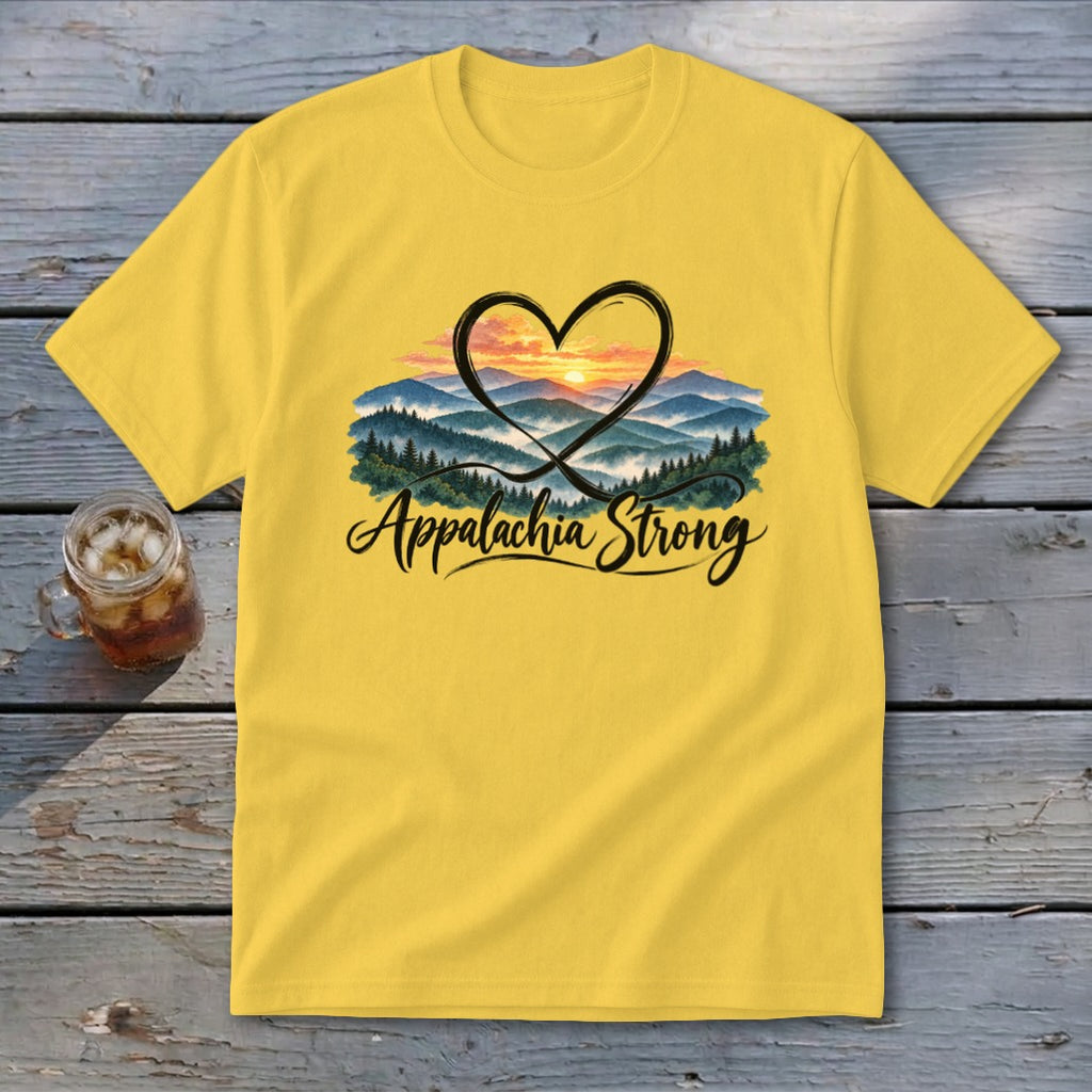 Yellow t-shirt with heart and mountains graphic and "Appalachia Strong" text.
