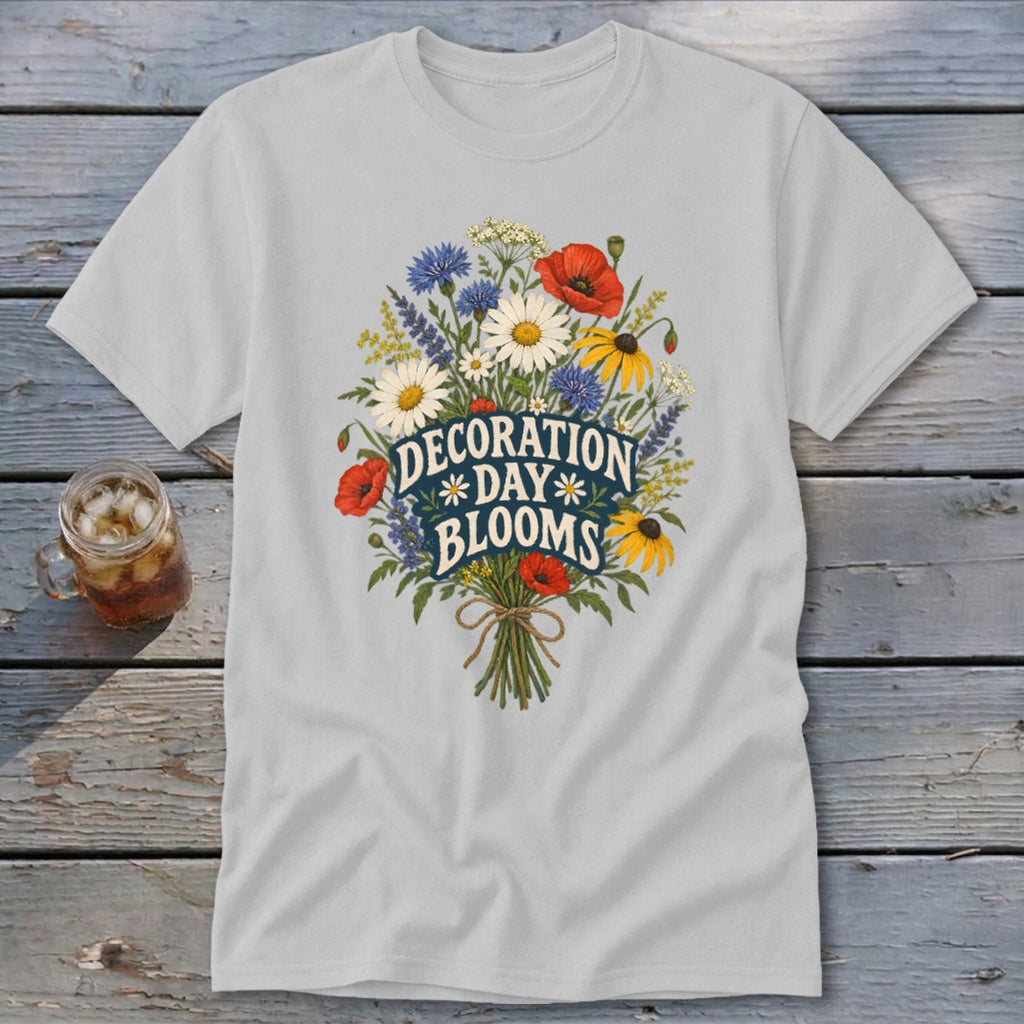 Light gray t-shirt with a floral bouquet and "DECORATION DAY BLOOMS" text.