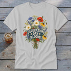 Light gray t-shirt with a floral bouquet and "DECORATION DAY BLOOMS" text.