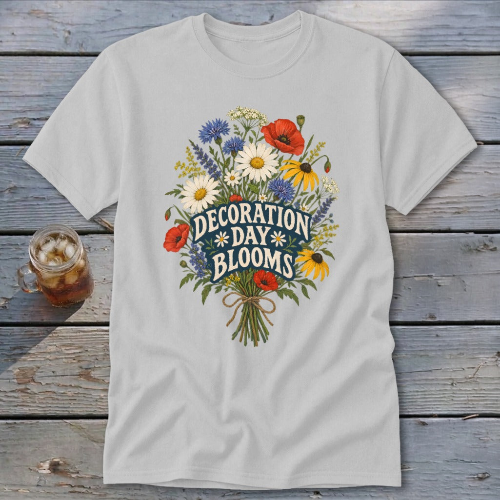 Light gray t-shirt with a floral bouquet and "DECORATION DAY BLOOMS" text.