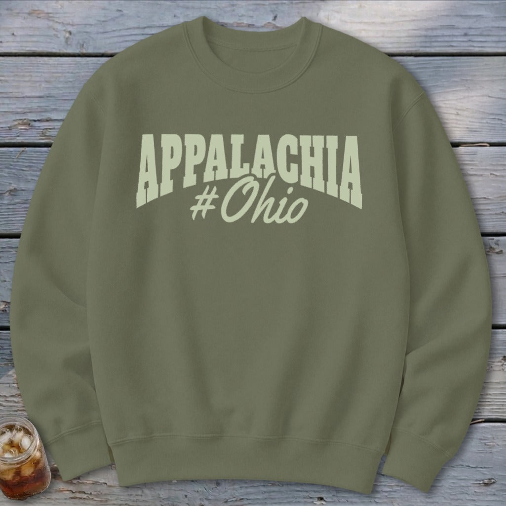 Olive green sweatshirt with "APPALACHIA #Ohio" text graphic.