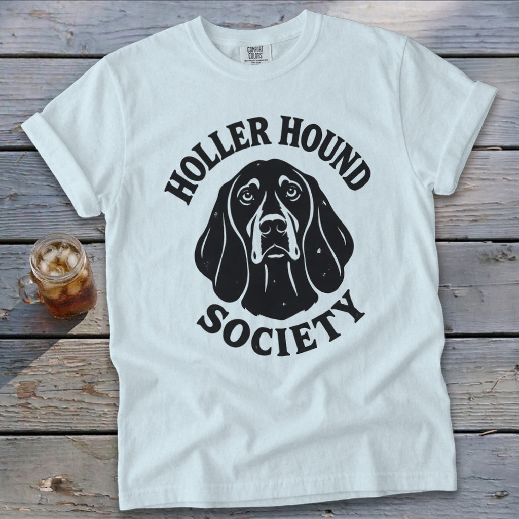 White t-shirt with black text and dog illustration reading "Holler Hound Society".
