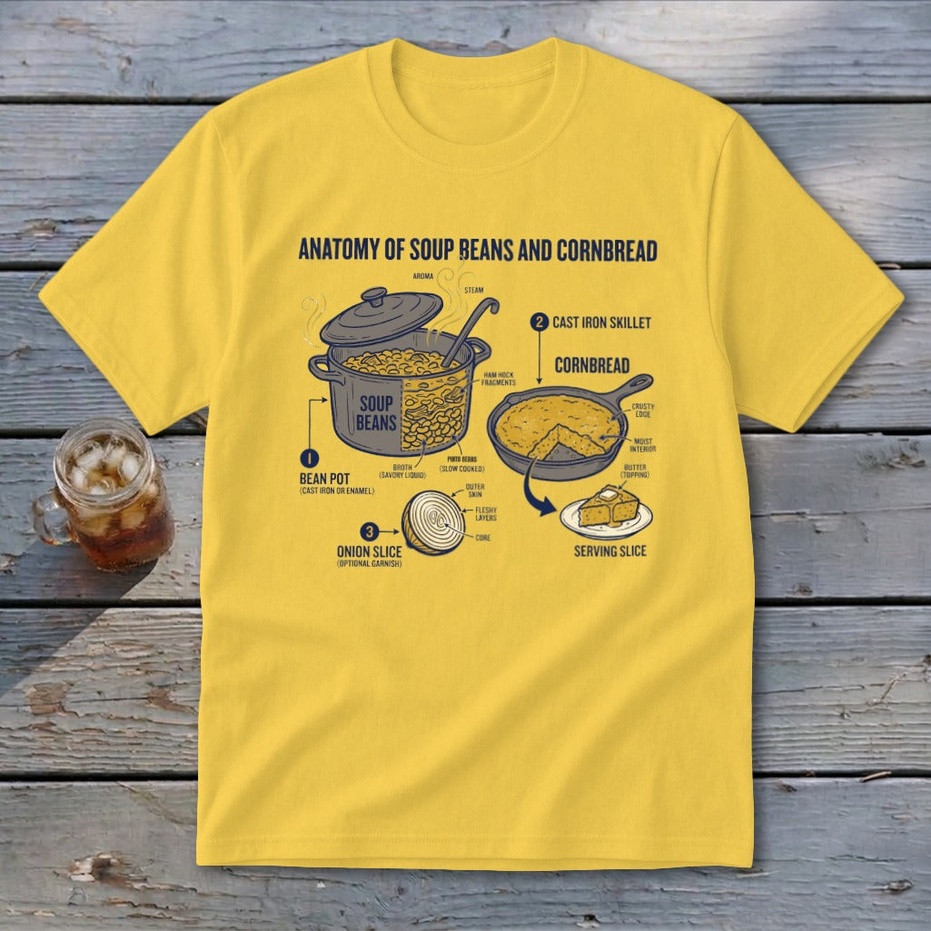 Anatomy of soup beans and cornbread diagram on a yellow t-shirt.