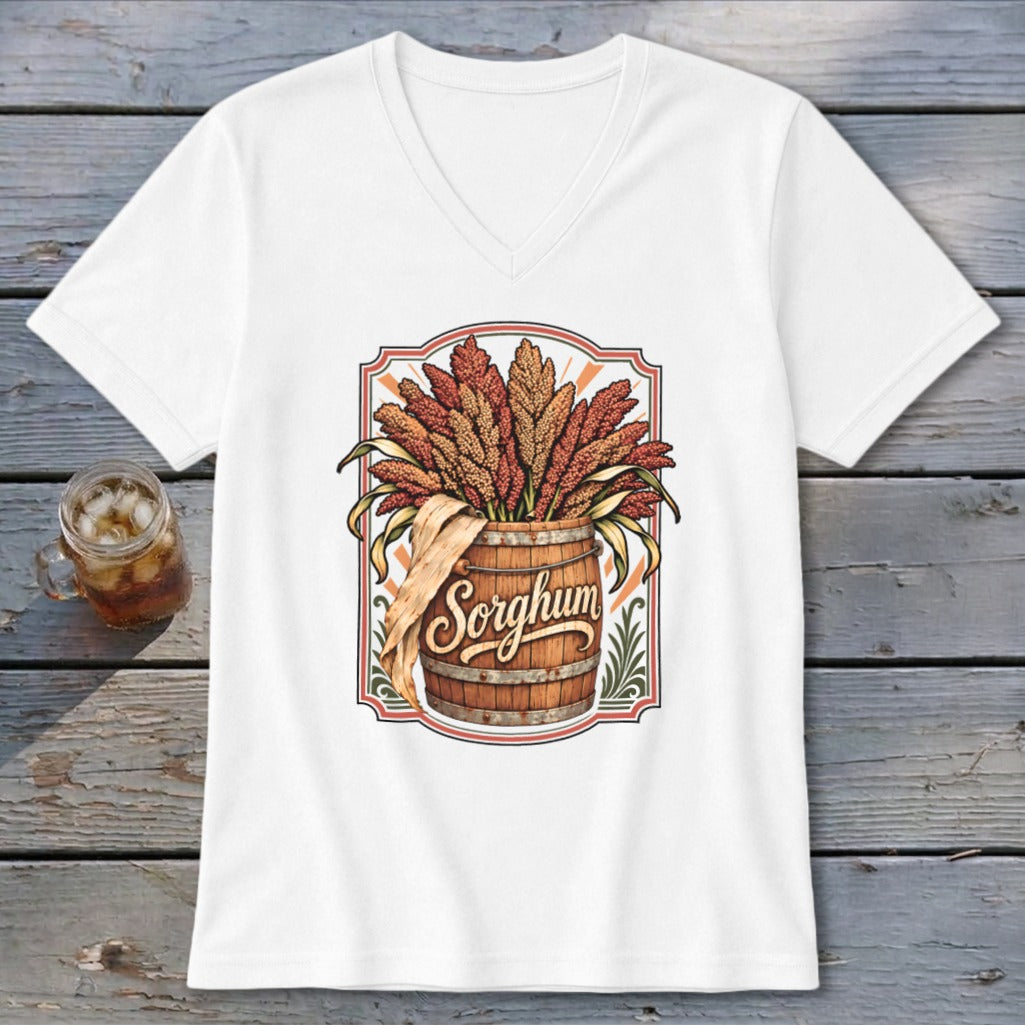 White t-shirt with a barrel of sorghum grain and the word "Sorghum".