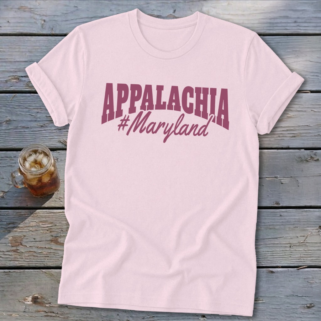 Pink t-shirt with "APPALACHIA #Maryland" text in maroon.