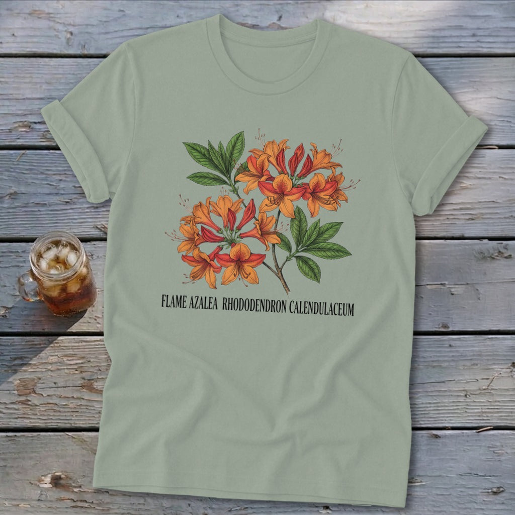 Sage green t-shirt with a botanical illustration of flame azalea flowers and text.