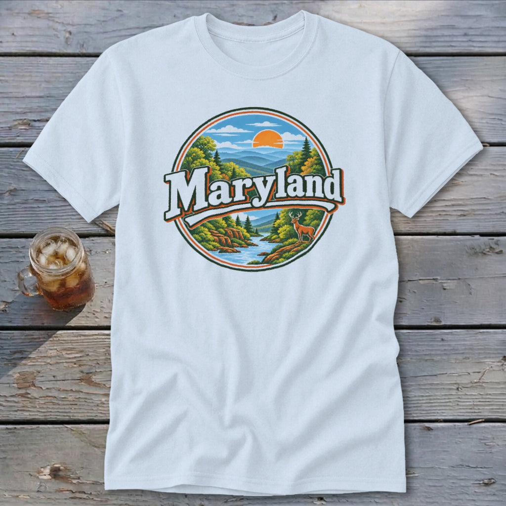 White t-shirt with a circular Maryland graphic featuring a scenic landscape.