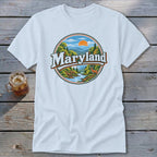 White t-shirt with a circular Maryland graphic featuring a scenic landscape.