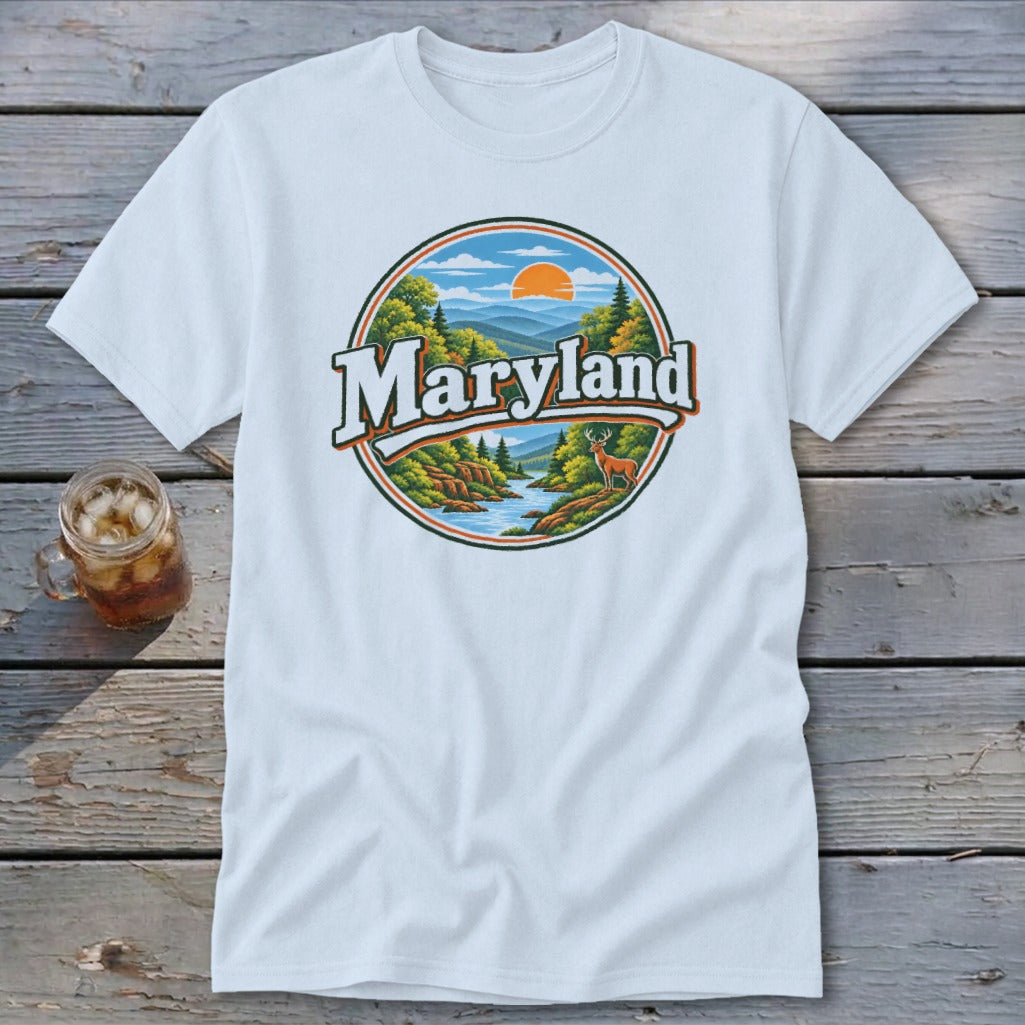 White t-shirt with a circular Maryland graphic featuring a scenic landscape.