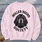 Pink sweatshirt with black "Holler Hound Society" text and dog graphic.
