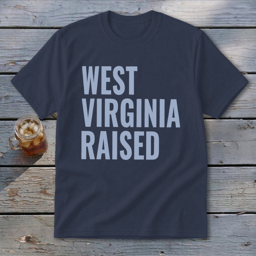 Navy t-shirt with light blue text reading "WEST VIRGINIA RAISED".