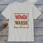 Light gray V-neck T-shirt featuring a distressed graphic with the crossed-out word WASH and corrected WARSH below.