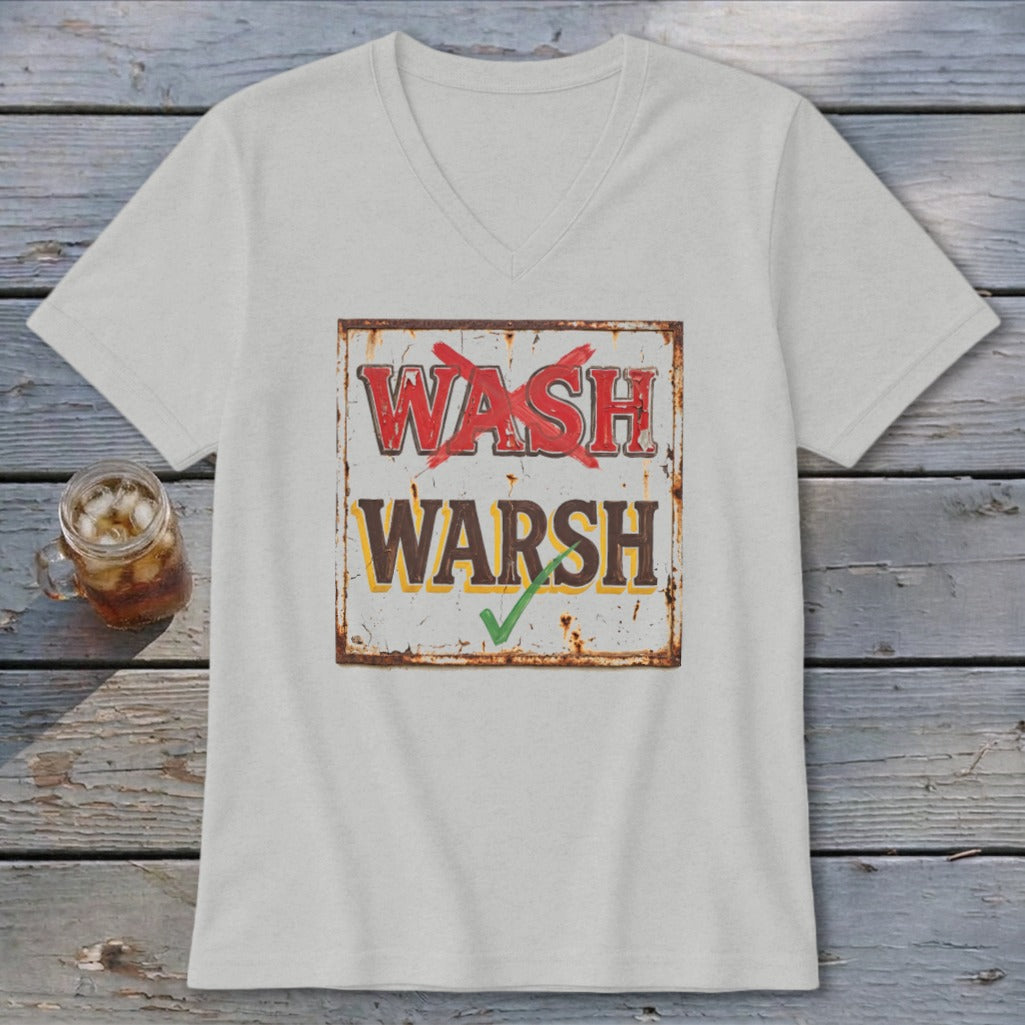 Light gray V-neck T-shirt featuring a distressed graphic with the crossed-out word WASH and corrected WARSH below.
