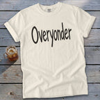 Cream t-shirt with "Overyonder" printed in black cursive lettering.