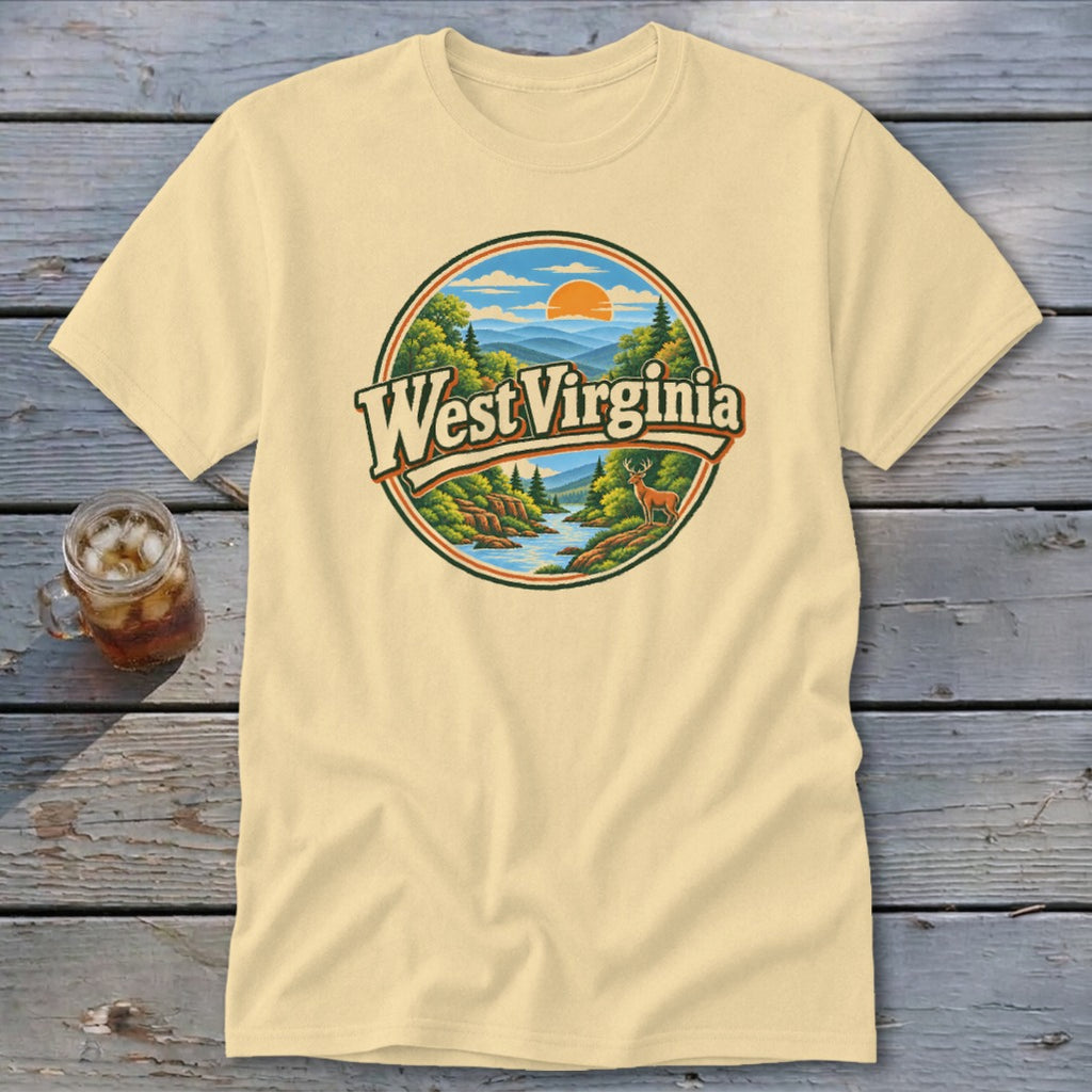 Light yellow t-shirt with a circular graphic of West Virginia mountains, river, and deer.