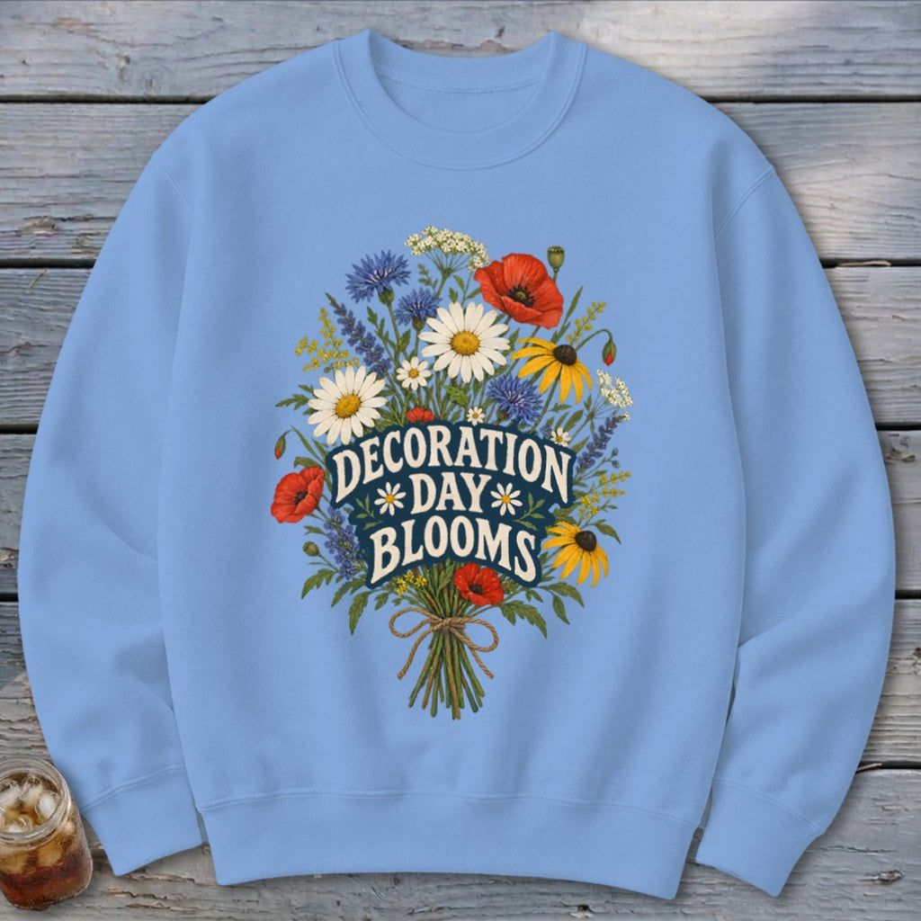 Light blue sweatshirt with floral graphic and "Decoration Day Blooms" text.