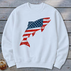 White crewneck sweatshirt featuring a distressed American flag graphic shaped like a leaping trout.