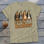 T-shirt with four howling hounds and the text "holler" printed on it.