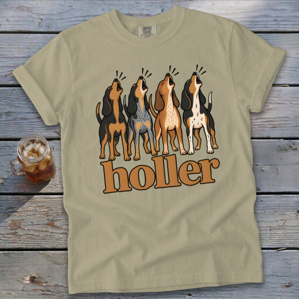 T-shirt with four howling hounds and the text "holler" printed on it.