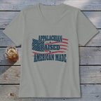 Gray v-neck t-shirt with Appalachian Raised American Made American flag graphic.