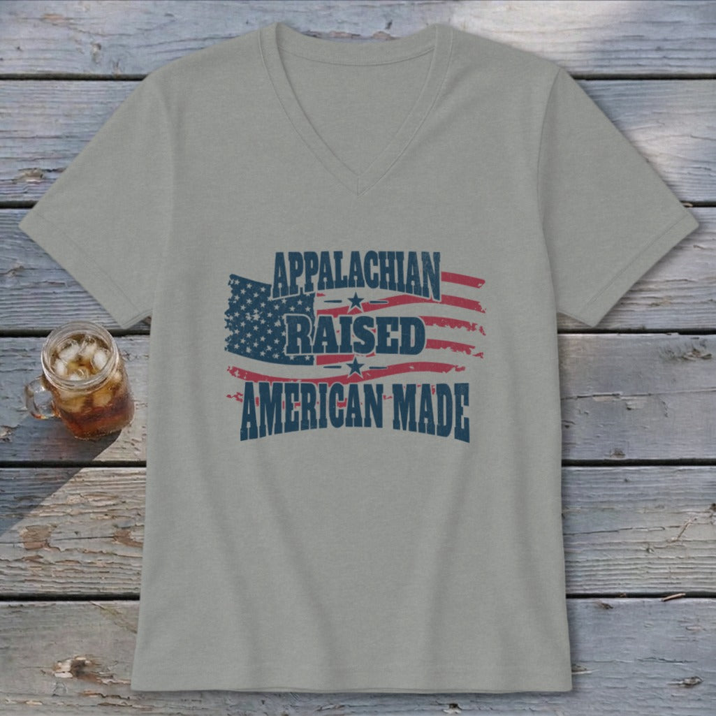 Gray v-neck t-shirt with Appalachian Raised American Made American flag graphic.