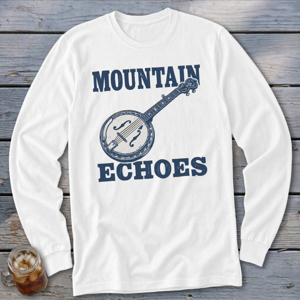 A white long-sleeved shirt featuring blue text that reads "MOUNTAIN ECHOES" with a banjo illustration between the words.