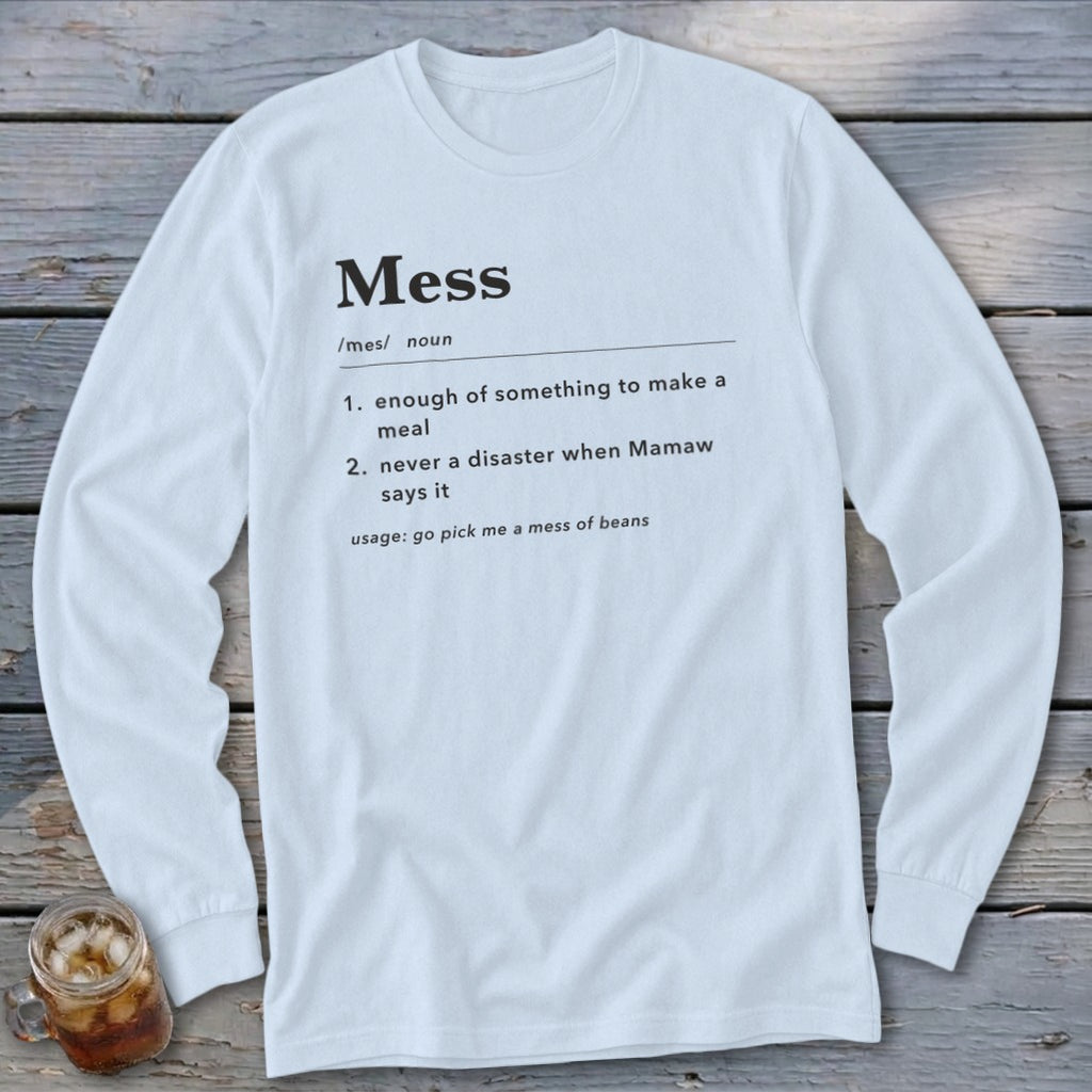 White long-sleeve shirt with "Mess" definition and usage.