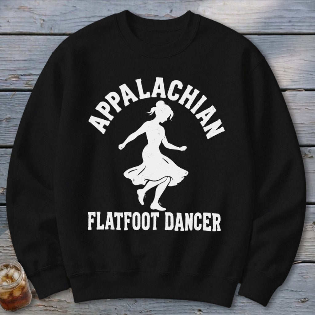 A black crewneck sweatshirt featuring a white graphic of a dancer with Appalachian Flatfoot Dancer text.