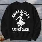 A black crewneck sweatshirt featuring a white graphic of a dancer with Appalachian Flatfoot Dancer text.