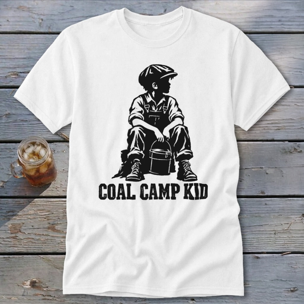 White t-shirt with black graphic of a boy holding a bucket, text "COAL CAMP KID".