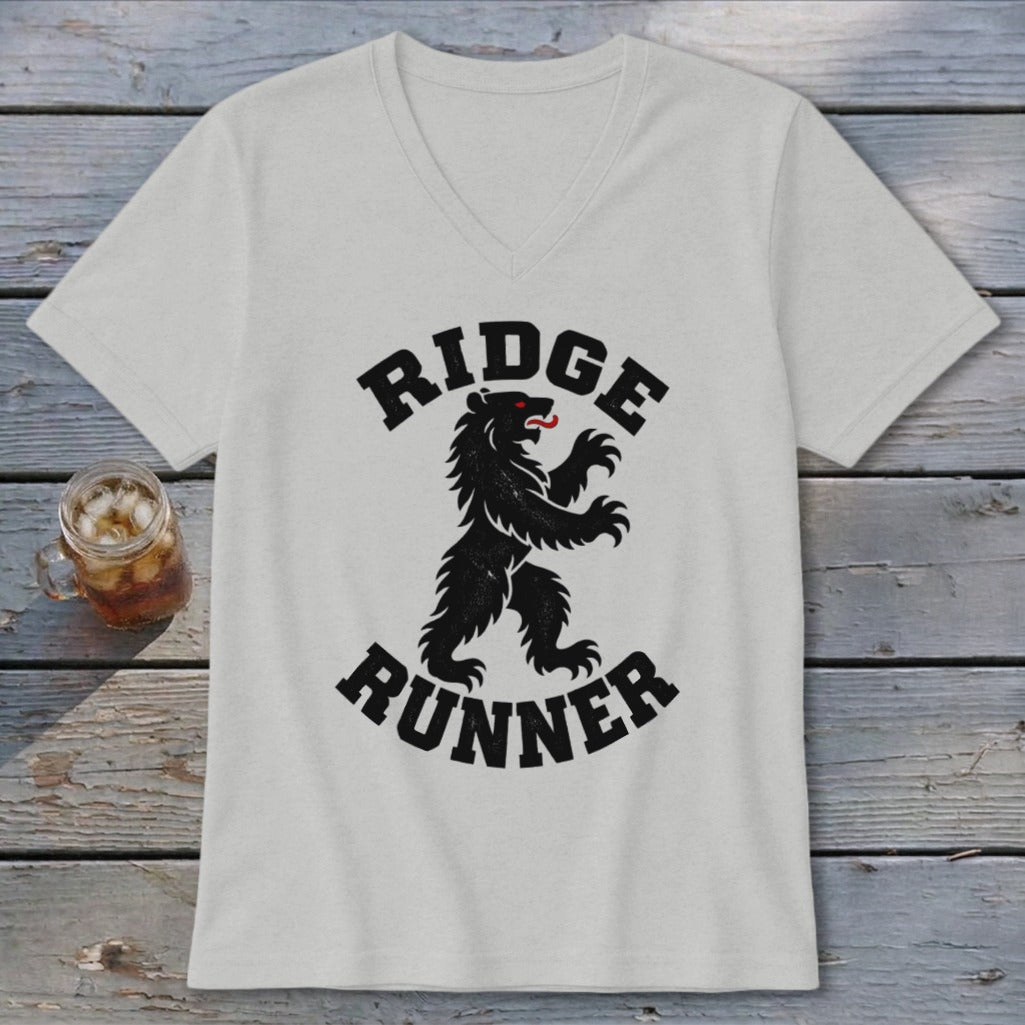 Light grey v-neck t-shirt with black bear and "Ridge Runner" text graphic.