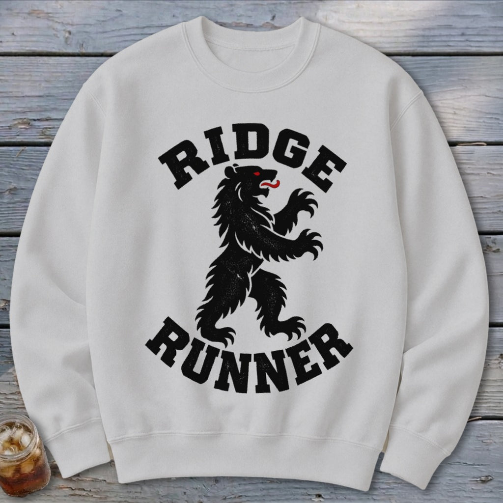White crewneck sweatshirt with black "RIDGE RUNNER" text and a black bear graphic.