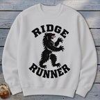 White crewneck sweatshirt with black "RIDGE RUNNER" text and a black bear graphic.