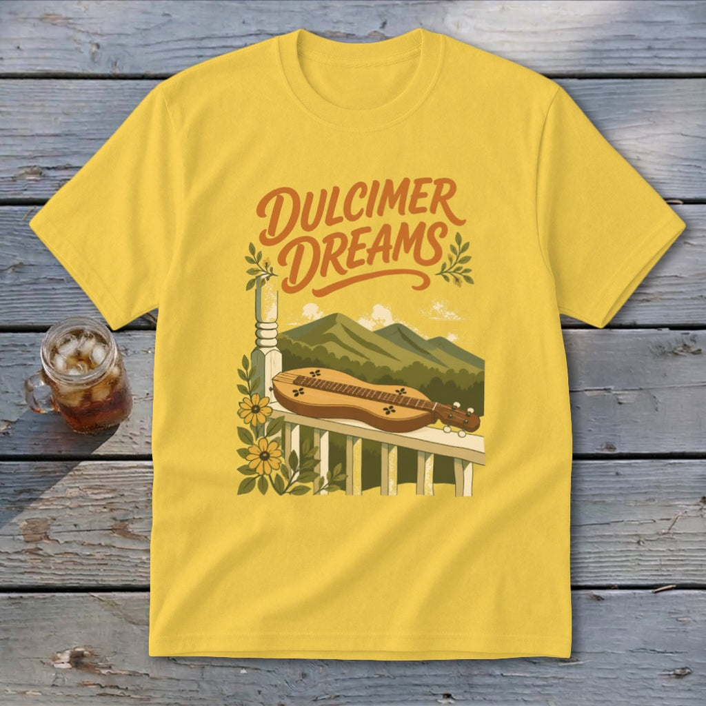 Yellow t-shirt with "Dulcimer Dreams" text, dulcimer, and mountains.