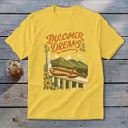 Yellow t-shirt with "Dulcimer Dreams" text, dulcimer, and mountains.