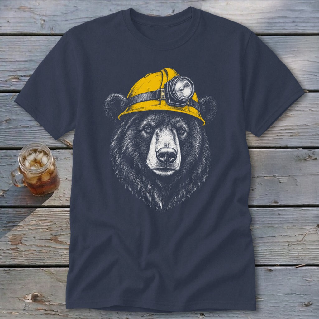 Navy t-shirt with drawing of a black bear wearing a yellow hard hat with a headlamp.