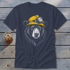 Navy t-shirt with drawing of a black bear wearing a yellow hard hat with a headlamp.