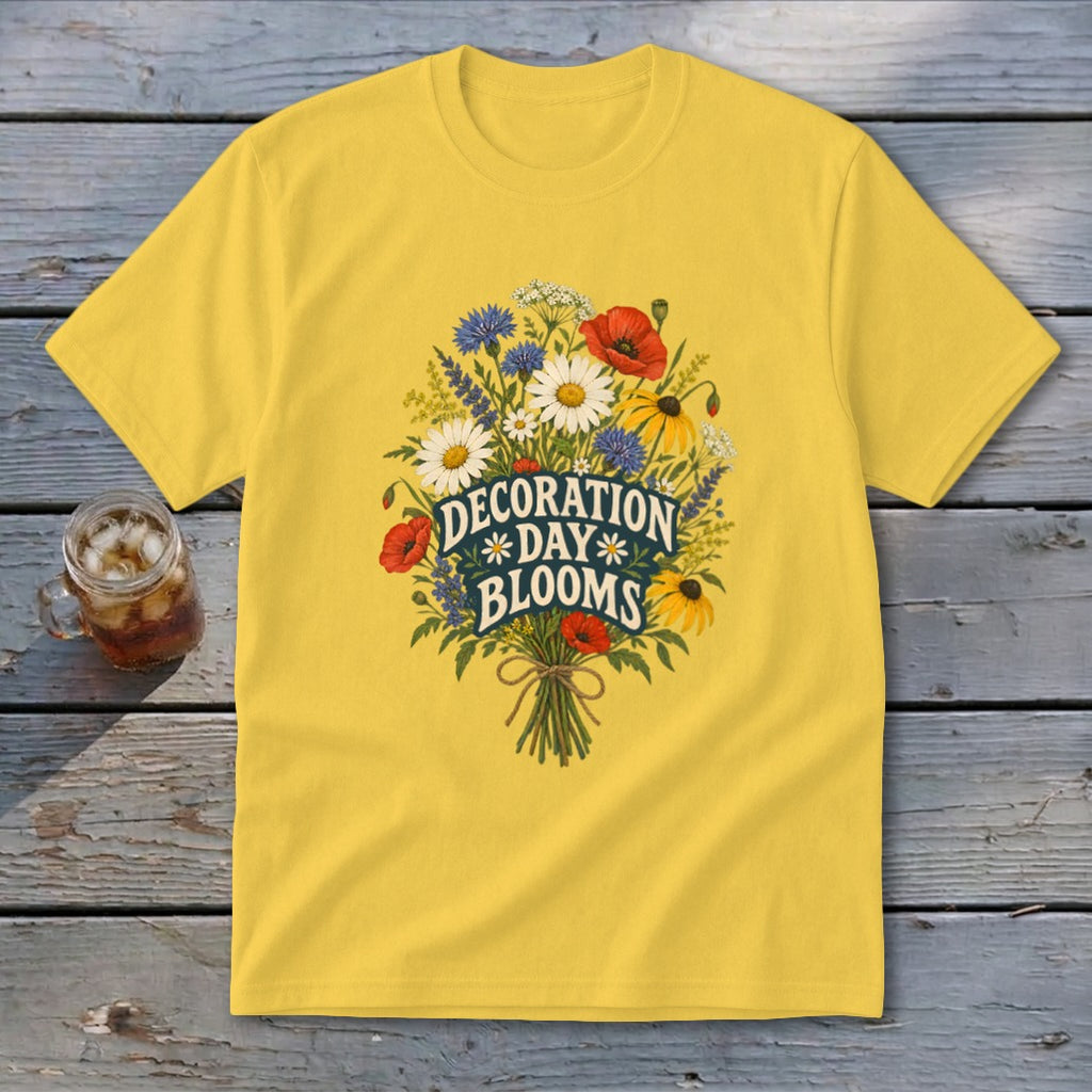Yellow t-shirt with "Decoration Day Blooms" floral graphic.