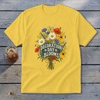 Yellow t-shirt with "Decoration Day Blooms" floral graphic.