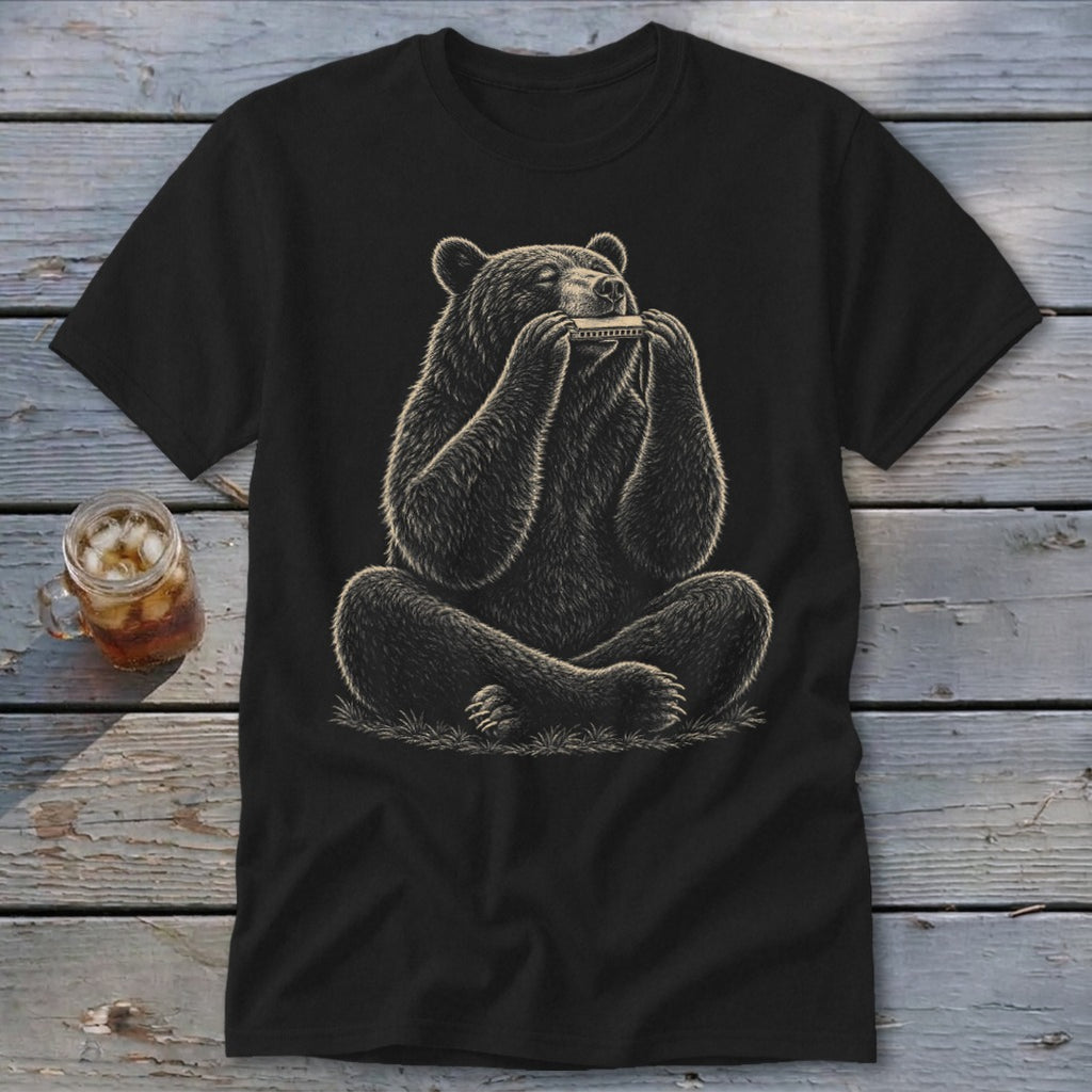 Black t-shirt with a drawing of a bear playing a harmonica.